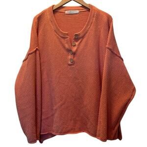 Free People Beach Women's waffle knit sweater L Large Coral Orange Henley button